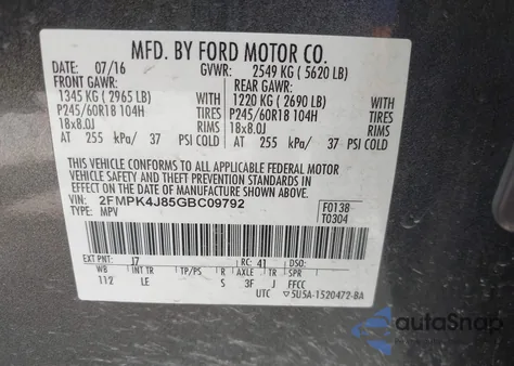 2016 Ford Edge Sel from USA, damaged, VIN 2FMPK4J85GBC09792